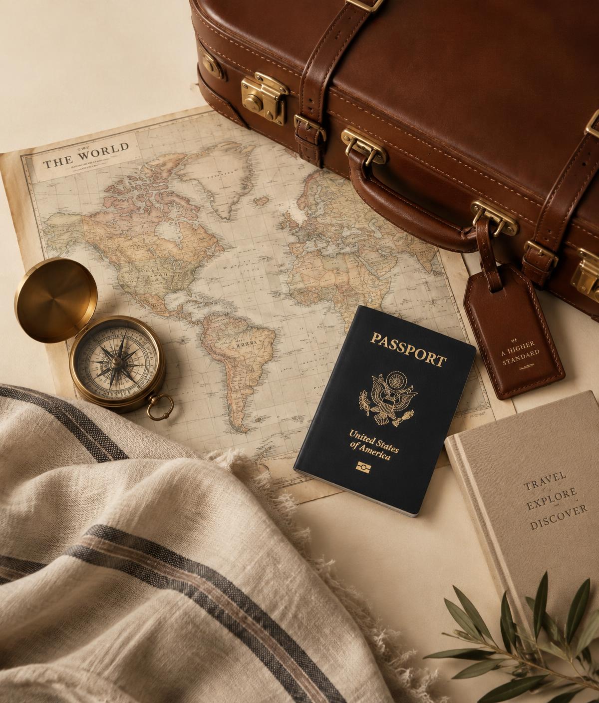 Leather luggage, passport, compass and world map arranged for travel planning