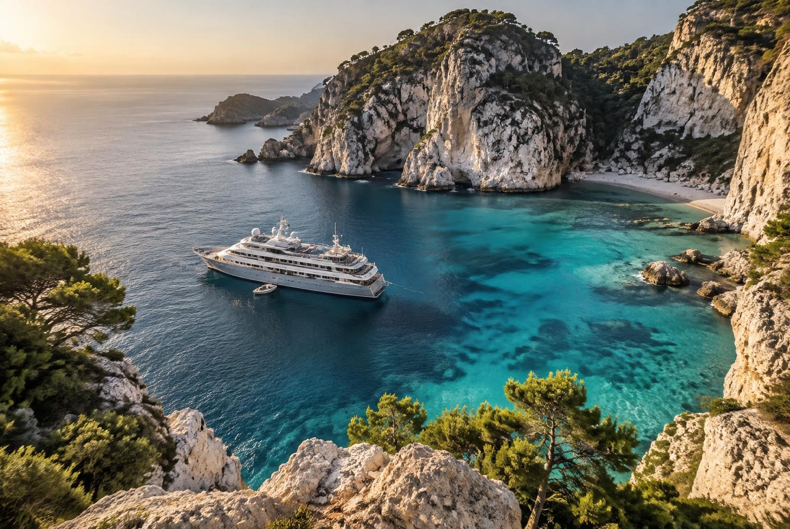 An intimate luxury cruise ship in a turquoise Mediterranean cove