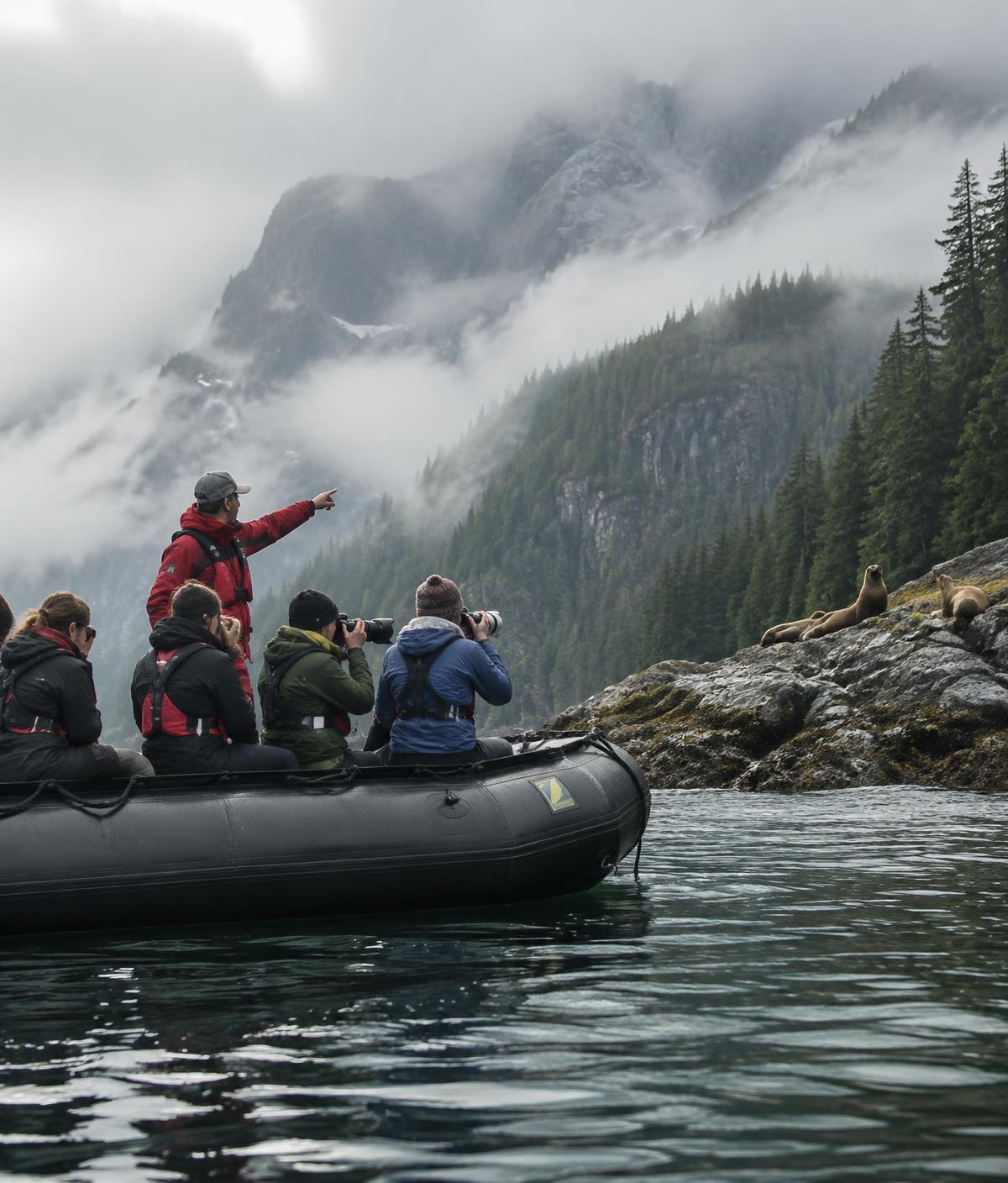 Expedition guests photographing wildlife from a Zodiac along a remote coastline