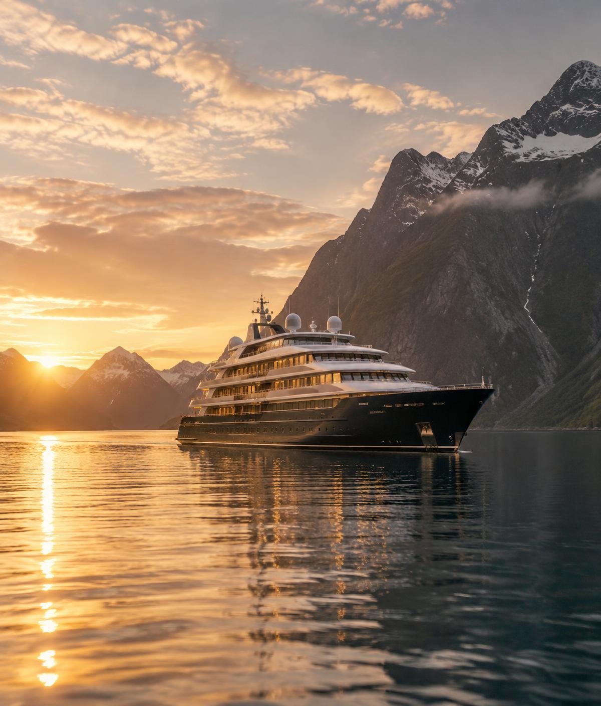 Ultra-luxury expedition ship at sunset in a remote fjord