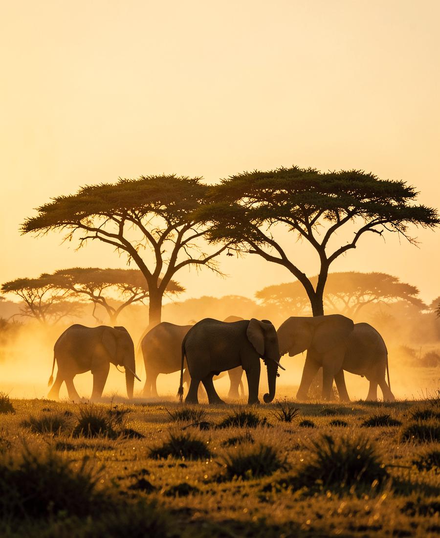 Elephants beneath acacia trees on the African savanna at golden hour
