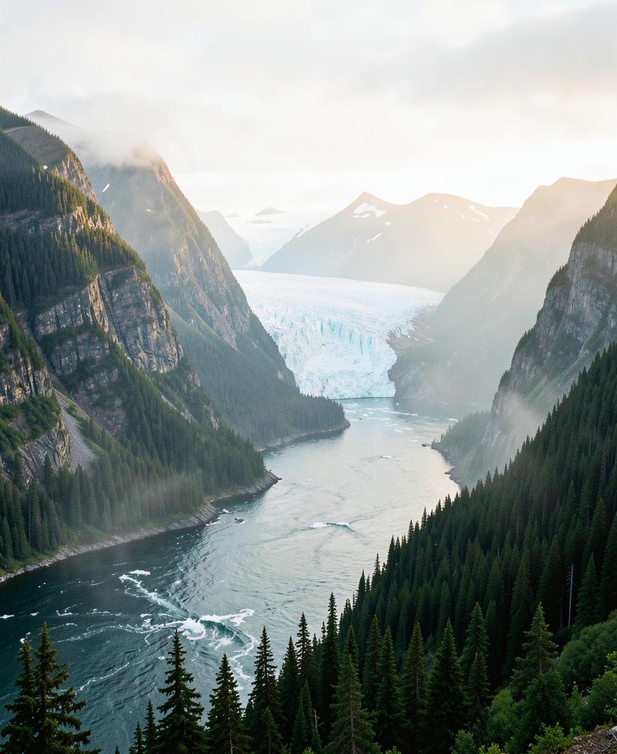 Tidewater glacier at the head of a forested Alaskan fjord
