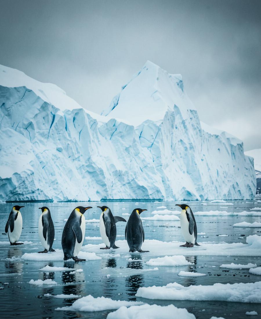 Emperor penguins beside a towering blue iceberg in Antarctica