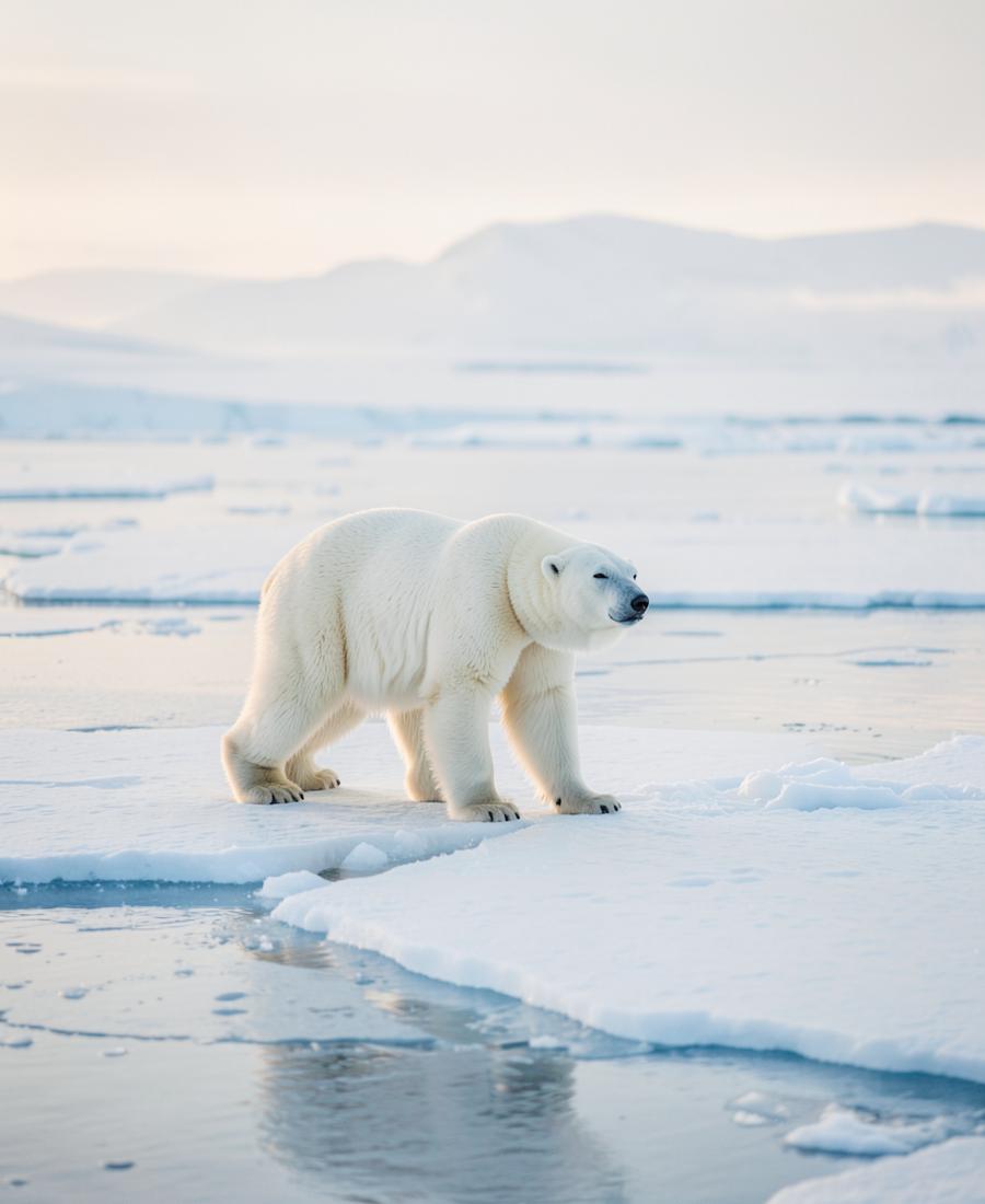 Polar bear walking across Arctic sea ice
