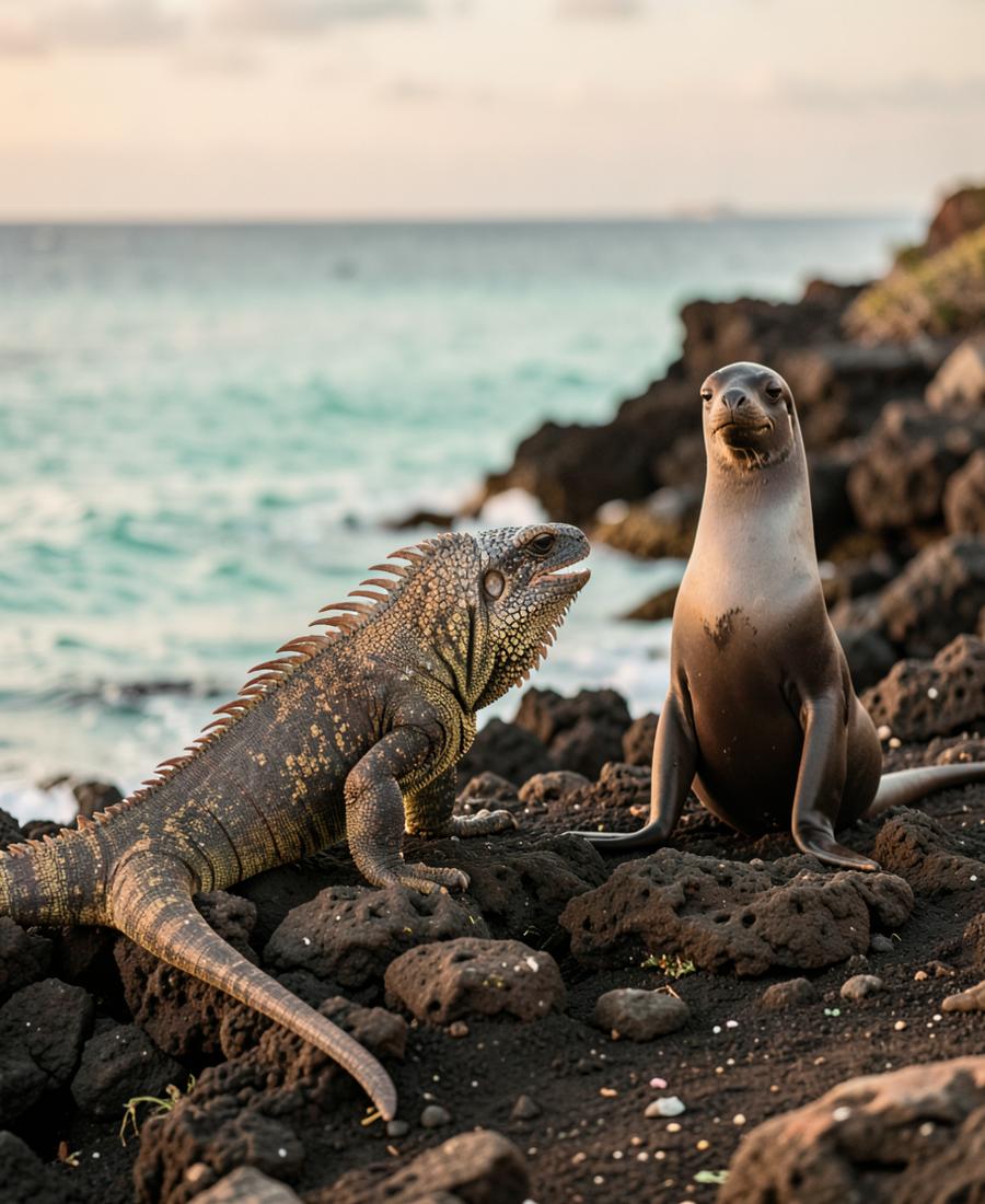 Marine iguana and sea lion on a volcanic Galápagos shoreline