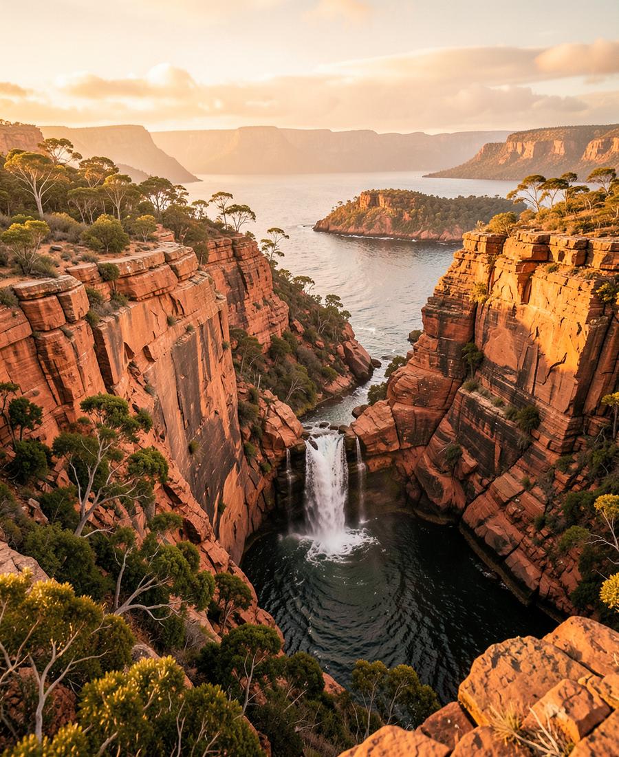 Red sandstone gorge and waterfall meeting the sea in the Kimberley