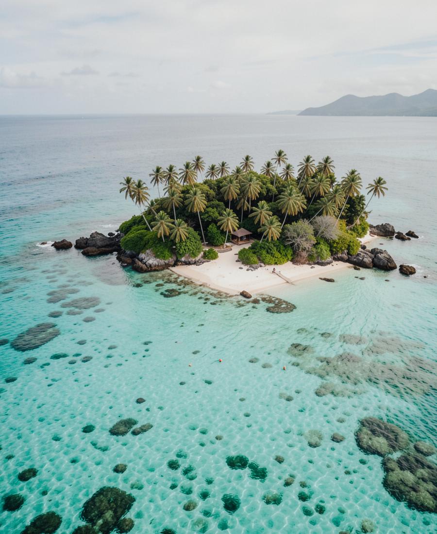 Remote South Pacific island surrounded by a turquoise lagoon