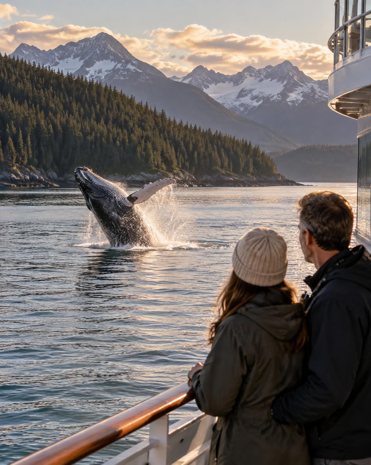Travelers watching a humpback whale breach from a luxury expedition ship in Alaska