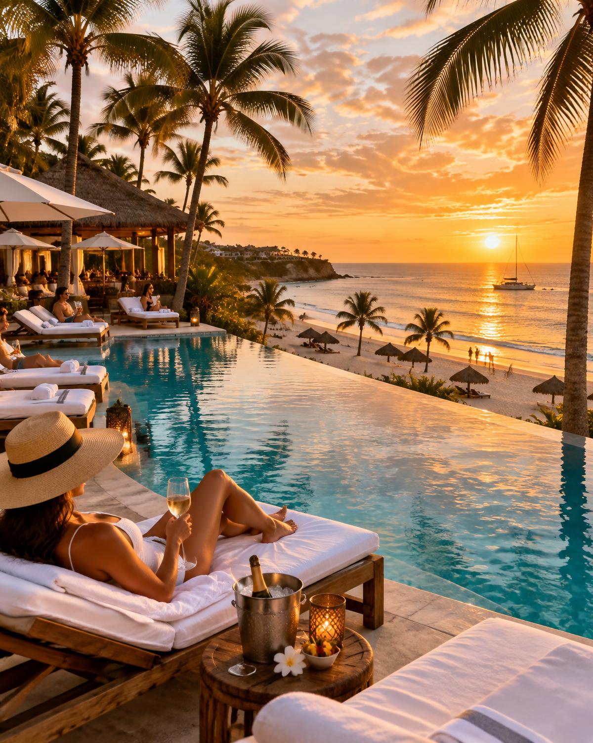 Elegant resort pool overlooking a Caribbean beach at sunset