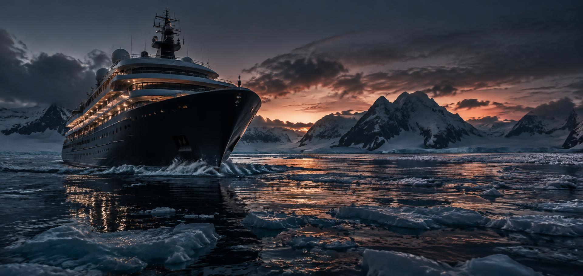 Expedition ship sailing through icy polar waters at dusk