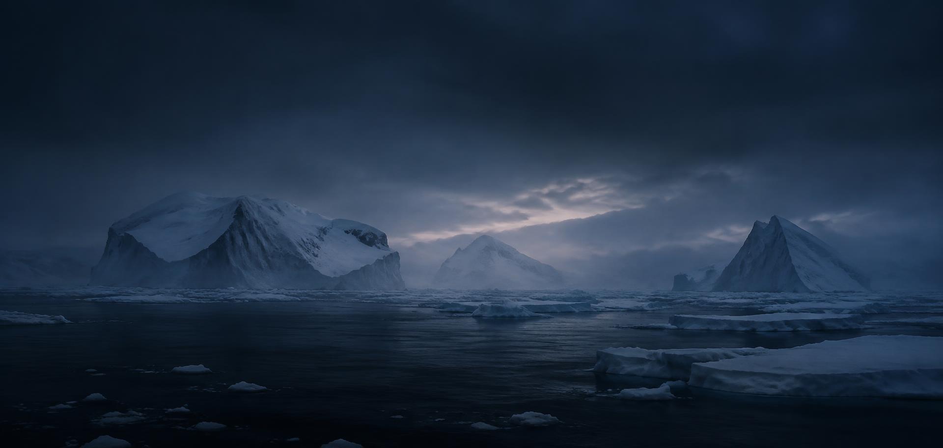 Icebergs drifting in a dark polar sea at blue hour